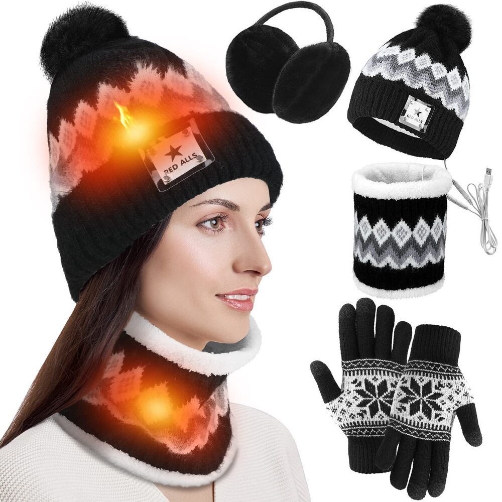 1773 USB Heated Hat Ear Muffs Gloves Winter Knitted Beanie Hats Touch